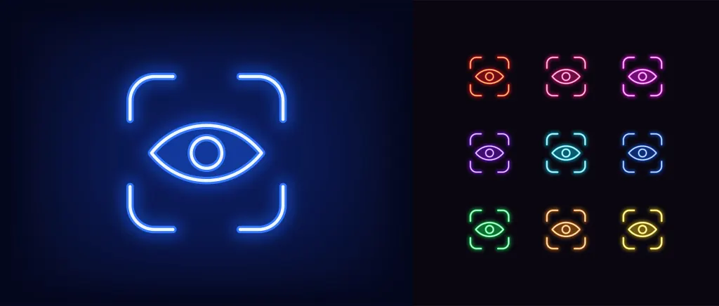 Glowing neon eye scanner sign.