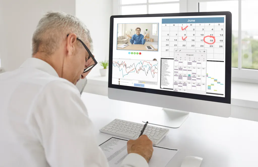 Illustration: Manager planning working schedule and using business calendar app on his computer